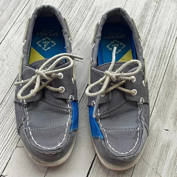 Boys Sperry 13.5m Grey and Blue Canvas Boat Shoes - Picture 1 of 5